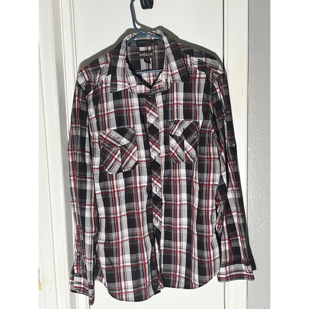 Helix Mens Athletic Fit Long Sleeve Button Up Black Red White XL